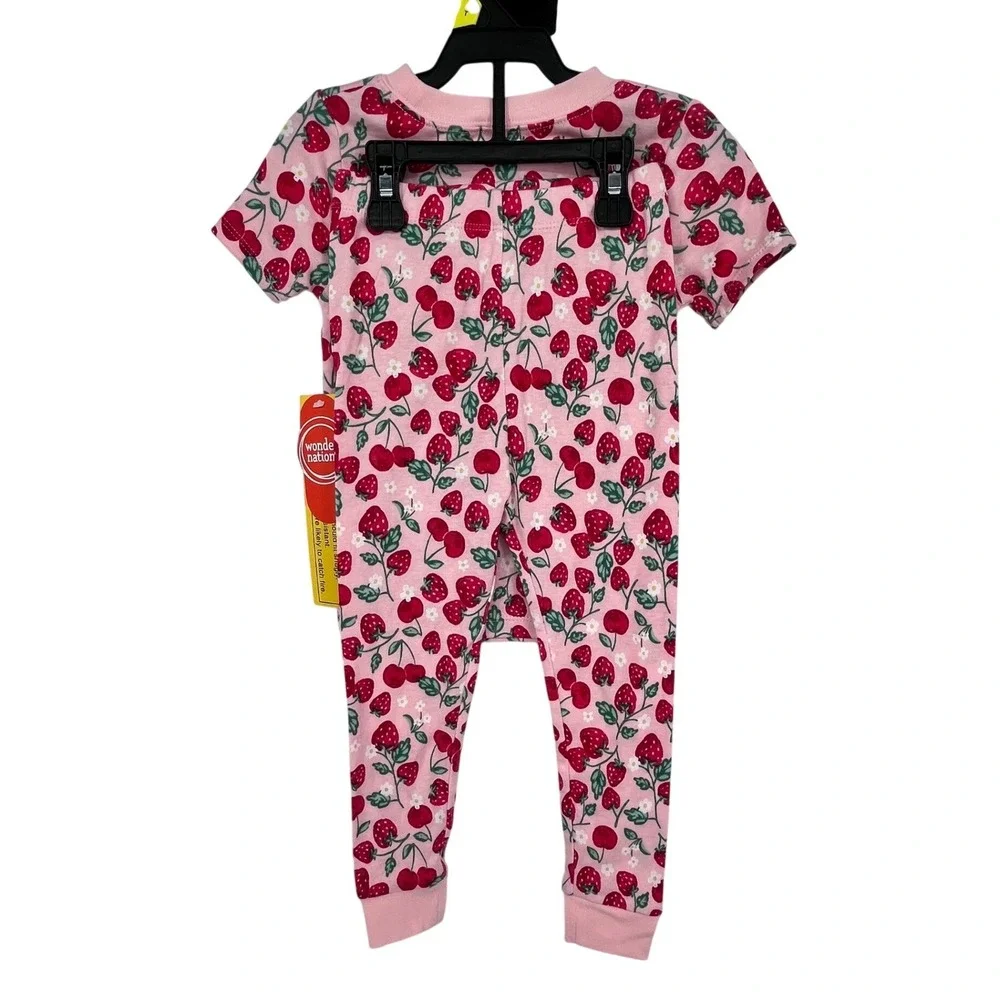 Pink Strawberry Cherry Print Pajamas Girls 3T Snug Fit 2pc Set Springtime‎ Cute